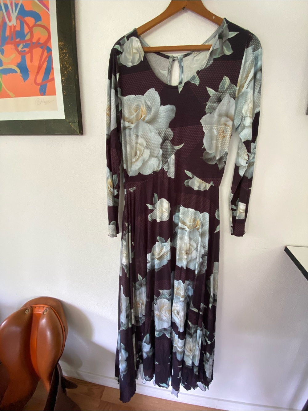 Hula tease Hawaiian Long Sleeve Floral Maxi Dress in Plum and White